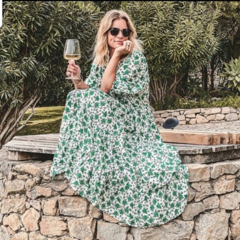 Zara | Cottagecore Green White Floral Tiered Maxi Dress XS